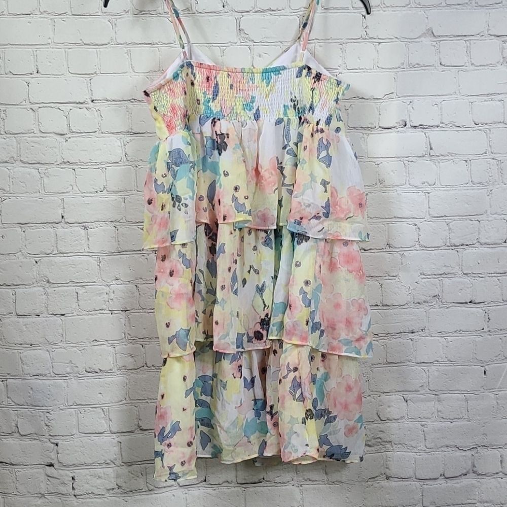Candie’s Watercolor Bow Tiered Chiffon Babydoll Mini Dress Juniors L Sleeveless - Picture 8 of 12